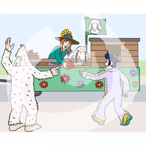 Zwei Personen in Kostümen stehen vor einem Karnevalswagen mit Stall und Zaun. Auf dem Wagen steht eine Person in Kostüm, daneben ein Schaf. Sie reicht einer Person einen Apfel.