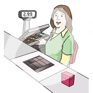 Eine Person sitzt an einer Kasse und greift in eine Geldkassette. Auf einer Anzeige darüber steht die Zahl 2,99.