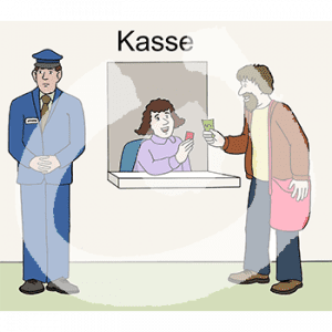 Eine Person sitzt in einem Fenster mit der Aufschrift: Kasse. Sie hält ein Ticket in der Hand. Davor steht eine Person mit einem Geldschein. Daneben steht eine Person in Wärteruniform.