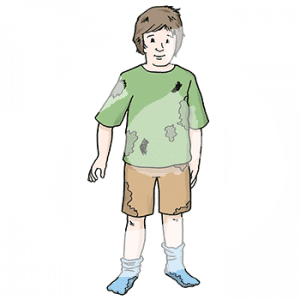Ein Kind mit Flecken auf den Socken, der Hose und dem Shirt.