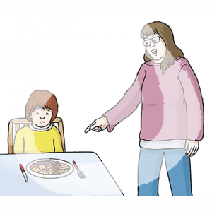 Ein trauriges Kind sitzt an einem Tisch vor einem Teller mit Essen. Daneben steht eine erwachsene Person und zeigt auf den Teller.