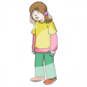 Ein Kind mit hängendem Kopf und geschlossenen Augen.