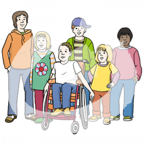 Sechs unterschiedliche Kinder mit verschiedenen Hautfarben. Ein Kind sitzt im Rollstuhl.