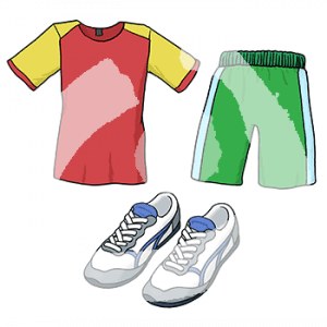 Ein Sportshirt, eine kurze Sporthose und Sportschuhe.