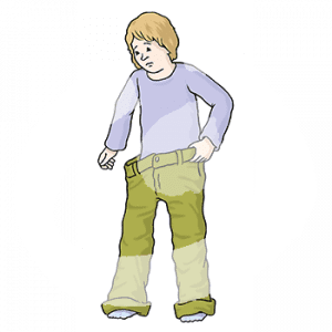 Ein Kind mit zu großer Hose.