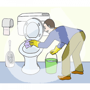 Eine Person steht gebeugt vor einer Toilette. Sie hält einen Lappen an das Klo und einen Eimer in der Hand.