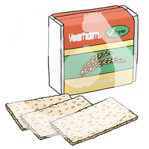 Eine Packung mit einer Aufschrift und dem Bild von zwei Ähren. Davor drei Scheiben Knäckebrot.