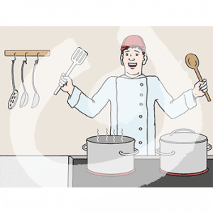 Eine Person mit Kochjacke und Kappe steht mit Pfannenwender und Kochlöffel in der Hand vor einem Herd. Auf dem Herd stehen zwei Töpfe.