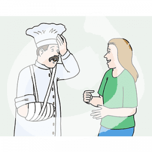 Eine Person mit Kochjacke, Kochmütze und Gipsarm fasst sich an den Kopf. Davor steht eine Person und zeigt auf sich.