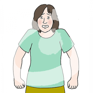 Eine ängstliche Person mit hochgezogenen Schultern und roten Wangen.