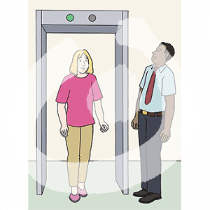 Eine Frau läuft durch einen Körperscanner. Eine Person in Uniform guckt auf ein grünes Licht am Scanner.