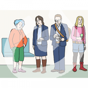 Eine Person mit Händen in den Taschen steht neben zwei bösen Personen in Kontrolleuruniformen. Eine hält ein Gerät in der Hand. Im Hintergrund steht eine Person mit Ticket in der Hand.