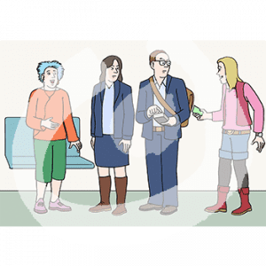 Eine fröhliche Person steht neben zwei bösen Personen in Kontrolleuruniformen. Eine hält ein Gerät in der Hand. Sie gucken zu einer Person die ein Ticket in ihre Richtung hält.