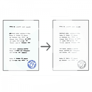Ein Dokument mit Schrift und farbigem Stempel. Ein Pfeil zeigt auf das gleiche Dokument mit farblosem Stempel.
