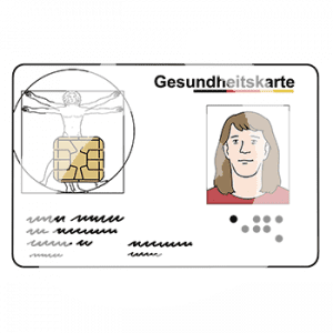 Karte mit einem Portrait, der vitruvianische Mensch und der Überschrift: Gesundheitskarte.