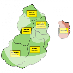 Grüne Umrisse von zusammengehörigen Städten mit Ortsschildern. Getrennt davon ein roter Umriss einer Stadt mit Ortsschild.