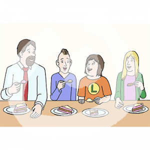 Drei fröhliche Kinder sitzen neben einem Mann hinter der Theke einer Bar. Auf der Theke stehen Teller mit Kuchen und Gabeln.