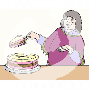 Eine Person hat einen Kuchenheber mit einem Stück Kuchen in der Hand. Vor ihr steht ein Kuchen.