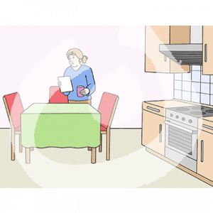 Eine Person steht mit einem Zettel und einem Becher in der Hand vor einem Tisch. Daneben ist eine Küchenzeile.