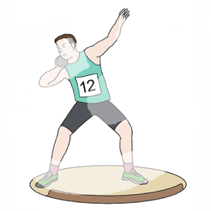 Eine Person mit Sportkleidung und Startnummer steht auf einer runden Fläche. Sie hält sich eine Kugel an den Hals, den anderen Arm streckt sie nach oben.