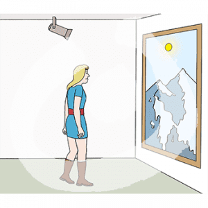 Eine Person steht vor einem großen Gemälde. Es wird von einem Scheinwerfer angestrahlt.