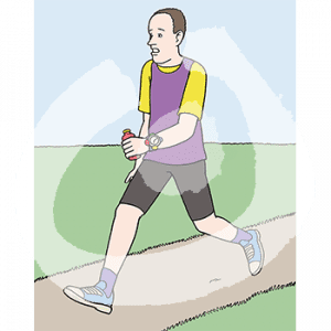 Eine Person mit Sportkleidung und Flasche in der Hand läuft auf einem Weg im Grünen.