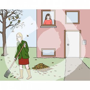 Eine Person mit Rechen in der Hand steht vor einem Haus auf einer Wiese. Hinter ihr ist ein Laubhaufen. Aus dem Fenster guckt eine Person.