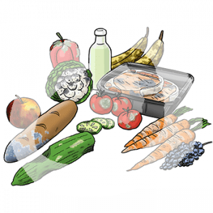 Unterschiedliches verschimmeltes Obst und Gemüse, sowie eine Flasche und Fleisch.