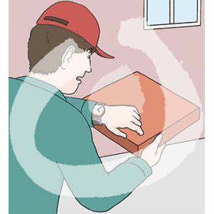 Portraitansicht eines Mannes mit Pizzakarton in der Hand. Er guckt erschrocken auf seine Uhr.