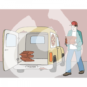 Eine Person mit einem Stapel Pizzakartons auf dem Arm. Sie steht neben einem Lieferwagen. Im Kofferraum ist ein Stapel Pizzakartons.