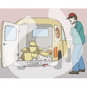 Eine erschrockene Person steht neben einem Lieferwagen. Im Kofferraum sind verteilte, umgekippte, offene Pizzakartons.