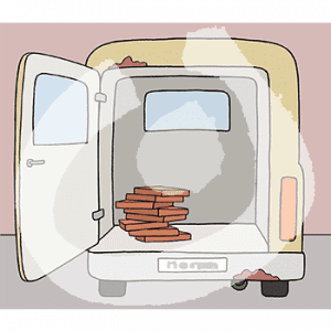 Ein offener Kofferraum eines Lieferwagen mit einem Stapel Pizzakartons.