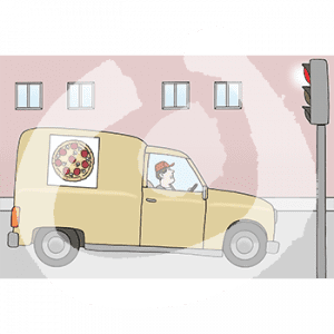 Eine Person steht mit einem Lieferwagen an einer roten Ampel. Darauf ist das Bild einer Pizza.