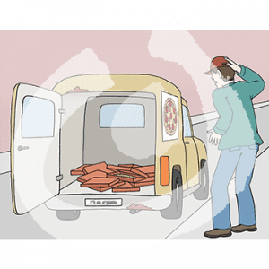 Eine erschrockene Person steht neben einem Lieferwagen. Im Kofferraum sind verteilte, umgekippte, offene Pizzakartons.