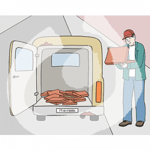 Eine Person steht neben einem Lieferwagen. Im Kofferraum sind verteilte, offene Pizzakartons. Sie guckt in einen Pizzakarton.