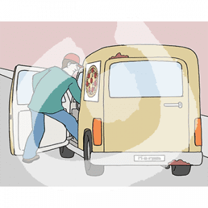 Eine Person steigt in einen Lieferwagen ein. Darauf ist das Bild einer Pizza.
