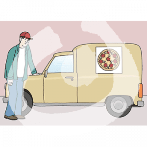 Eine Person steht angelehnt an einen Lieferwagen. Darauf ist das Bild einer Pizza.