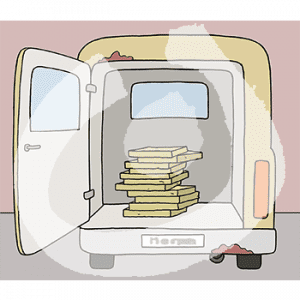 Ein offener Kofferraum eines Lieferwagen mit einem Stapel Pizzakartons.