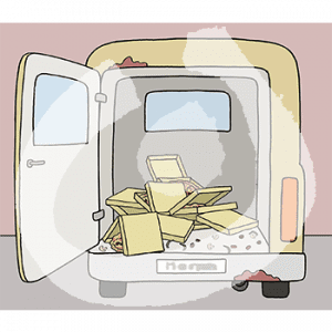 Ein offener Kofferraum eines Lieferwagen mit verteilten, umgekippten, offenen Pizzakartons.