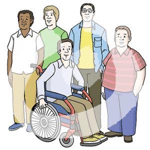 Fünf unterschiedliche Männer mit unterschiedlichen Hautfarben. Einer sitzt im Rollstuhl.