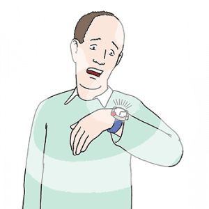 Ein erschrockener Mann in Portraitansicht guckt auf seine Armbanduhr.