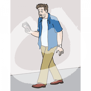 Ein trauriger Mann mit Geldscheinen in der Hand läuft auf der Straße.