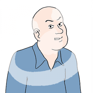 Portraitansicht eines wütenden Mannes mit Glatze.