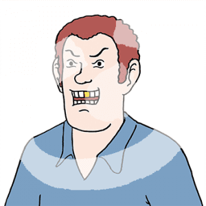 Portraitansicht eines wütenden Mannes mit Goldzahn.