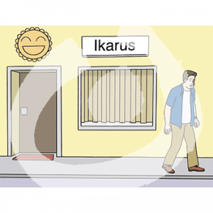 Ein trauriger Mann geht von einem Gebäude mit der Aufschrift: Ikarus weg. Über der Tür ist eine lachende Sonne.