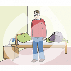 Ein trauriger Mann steht vor einem Bett auf dem eine Tasche liegt.