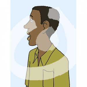 Portraitansicht eines erschrockenen Mannes. Er guckt zur Seite.