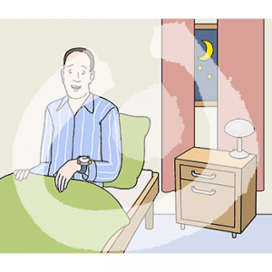 Ein Mann sitzt im Bett und guckt auf seine Uhr. Draußen sind der Mond und die Sterne am Himmel.