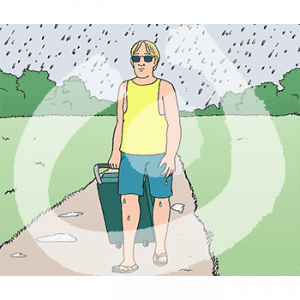 Ein Mann mit Koffer läuft auf einem Weg im Grünen durch den Regen.