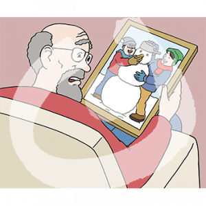 Rückenansicht eines alten Mannes auf einem Sessel. Er hält ein Bild in den Händen.